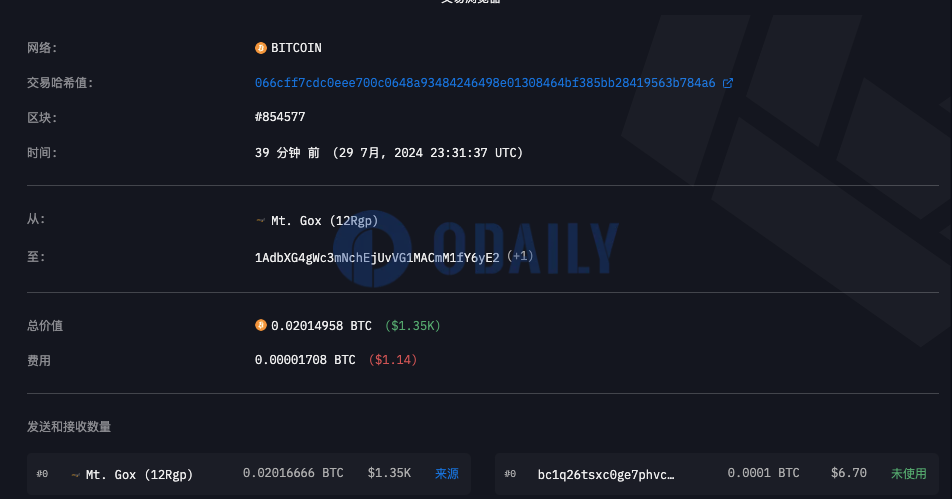 Mt.Gox地址40分钟前转出0.02枚BTC，疑似进行转账测试图标