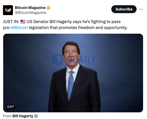 美参议员Bill Hagerty：正努力推动支持比特币的立法图标