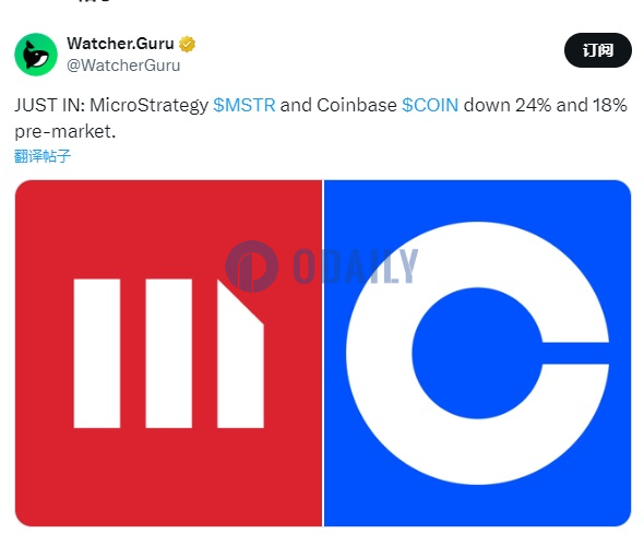 MicroStrategy和Coinbase股价盘前分别下跌24%和18%图标