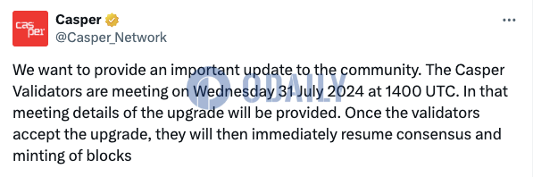 Casper：验证者将于今晚讨论升级事宜，协商一致后将恢复共识和区块生产图标